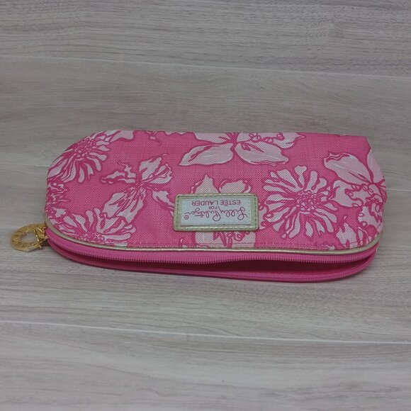 Lilly Pulitzer & Estee Lauder Pink Floral Cosmetic Makeup Bag with Gold Trim - Picture 7 of 12
